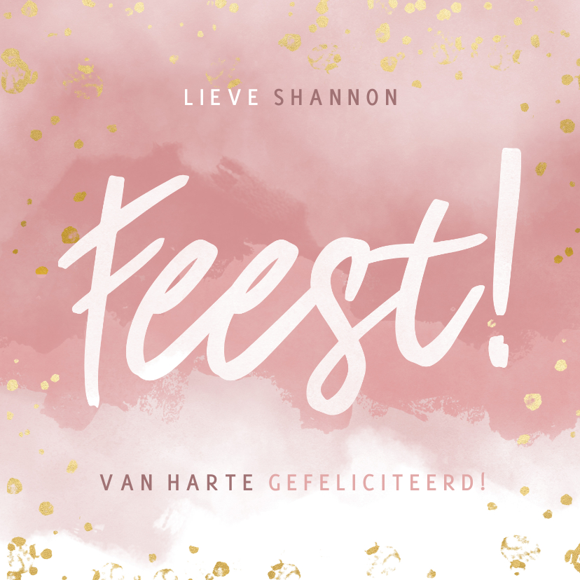 Verjaardagskaarten - Hippe verjaardagskaart Feest! Roze waterverf gouden spetters