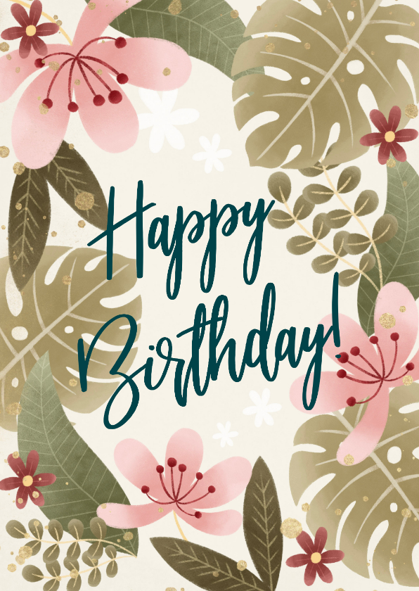 Hippe verjaardagskaart met bloemen, planten Happy Birthday! - Verjaardagskaarten Verjaardagskaarten - Hippe verjaardagskaart met bloemen, planten Happy Birthday!