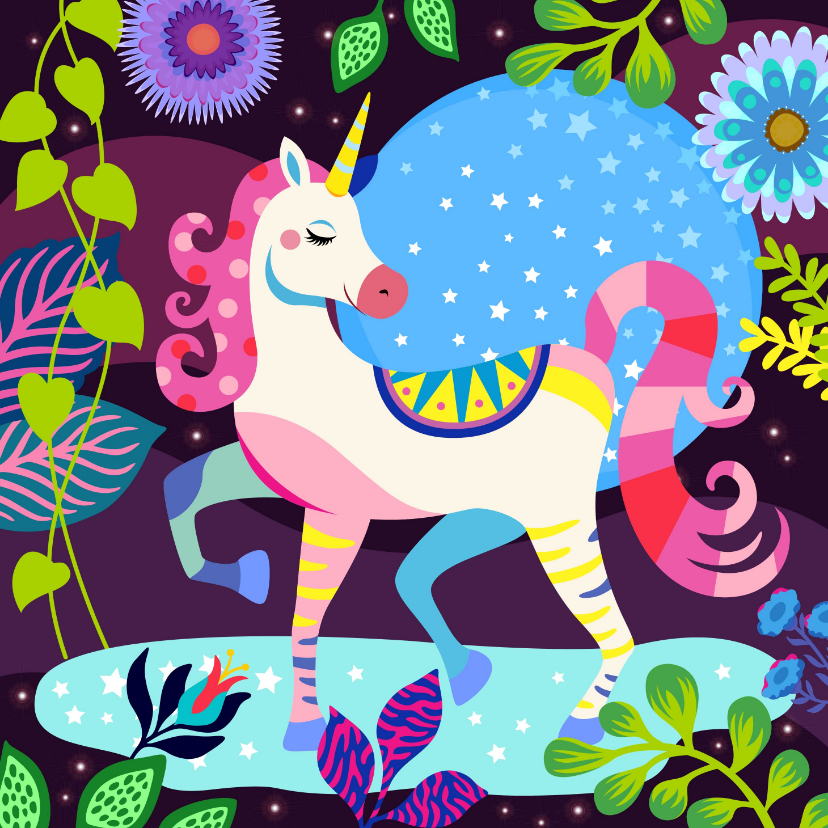 Verjaardagskaarten - Hippe verjaardagskaart met mooie unicorn in fantasiewereld