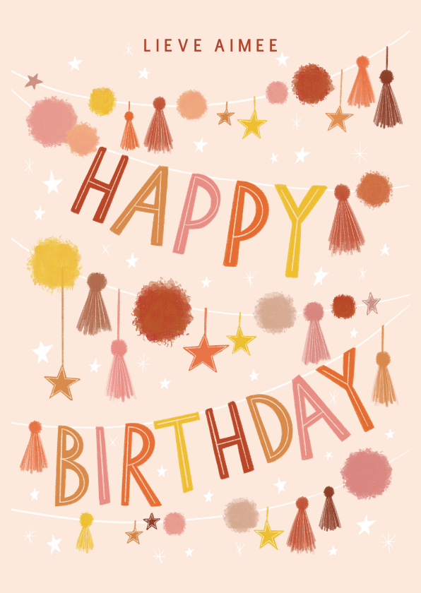Verjaardagskaarten - Hippe verjaardagskaart met slingers Happy Birthday & sterren