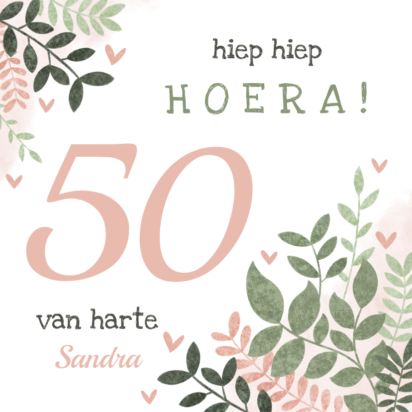 Verjaardagskaarten - Hippe verjaardagskaart vrouw 50 jaar takjes en hartjes