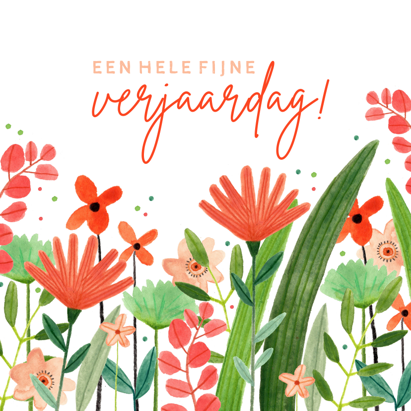 Hippe verjaardagskaart vrouw bloemenweide rood groen - Verjaardagskaarten Verjaardagskaarten - Hippe verjaardagskaart vrouw bloemenweide rood groen