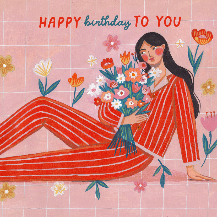 Verjaardagskaarten - Hippe verjaardagskaart vrouw met bloemenboeket