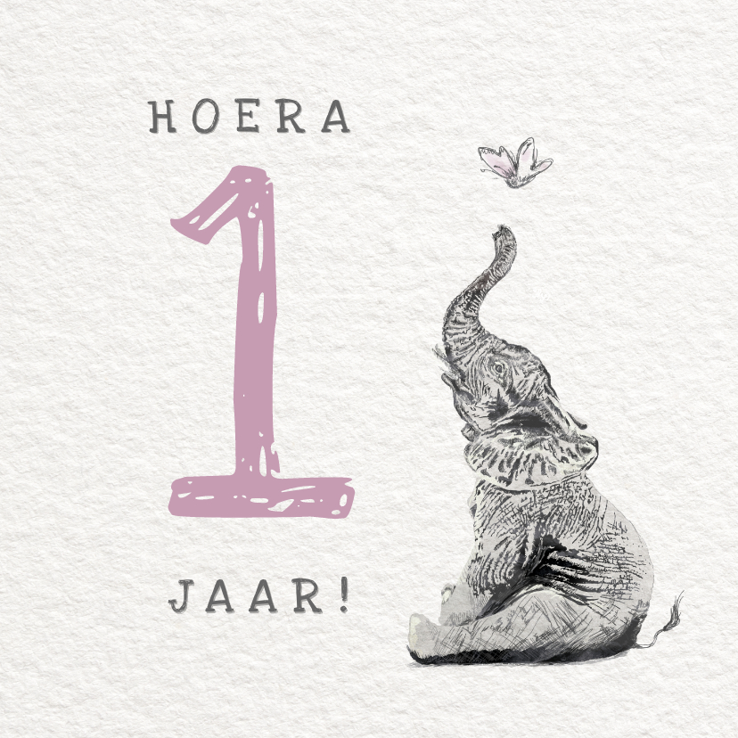 Verjaardagskaarten - Illustratie kaartje met Olifant - Hoera 1 jaar