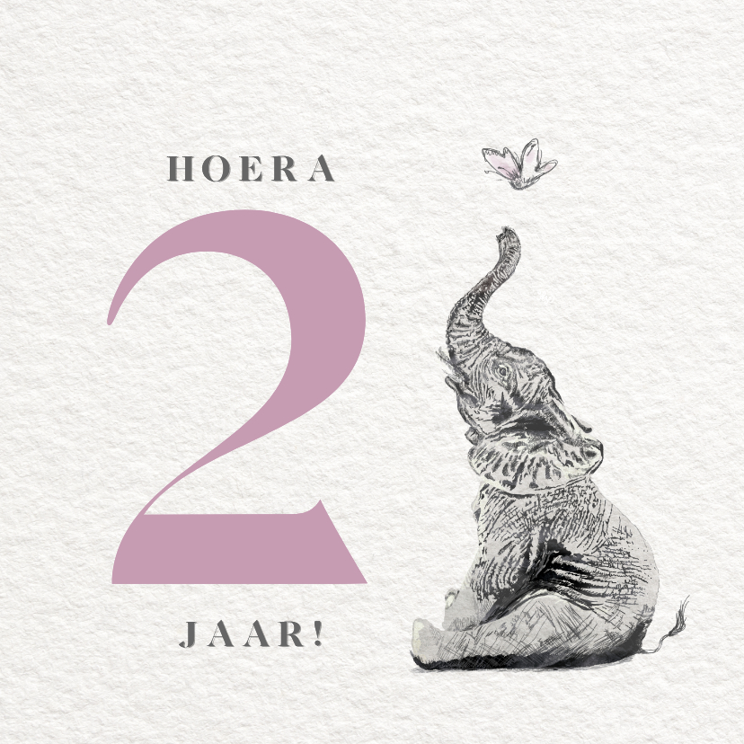 Verjaardagskaarten - Illustratie kaartje met Olifant - Hoera 2 jaar