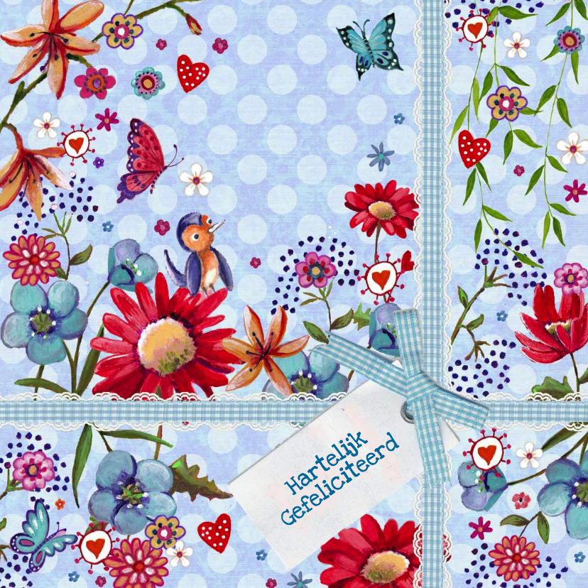 Jarig Bloemen Kado Vrolijk Stip Blauw - Verjaardagskaarten Verjaardagskaarten - Jarig Bloemen Kado Vrolijk Stip Blauw