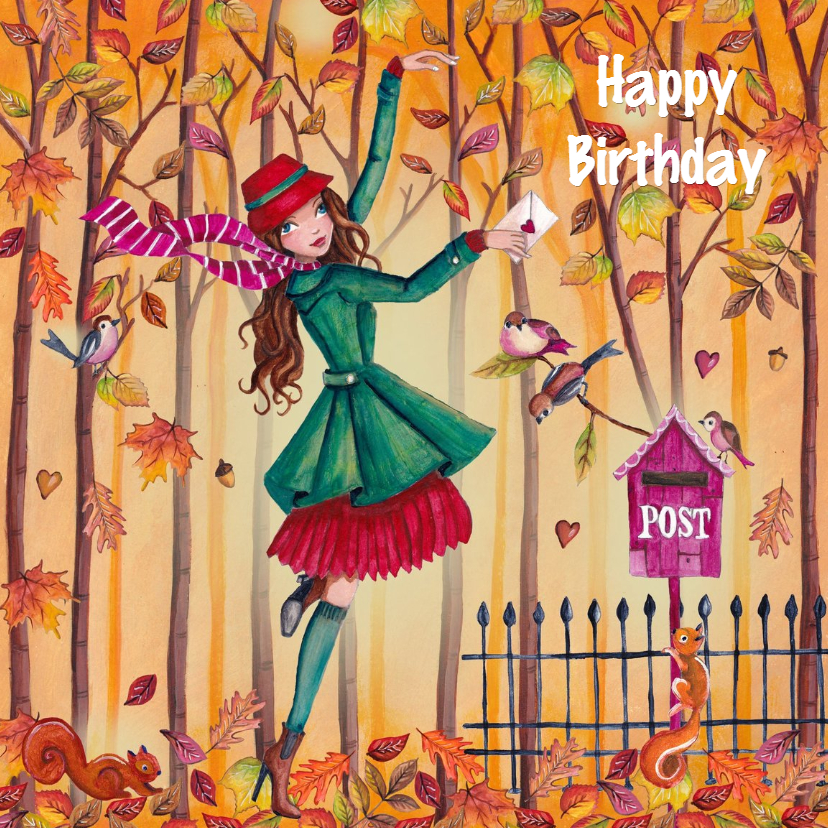 Verjaardagskaarten - Jarig Herfst Meisje Bomen Illustratie