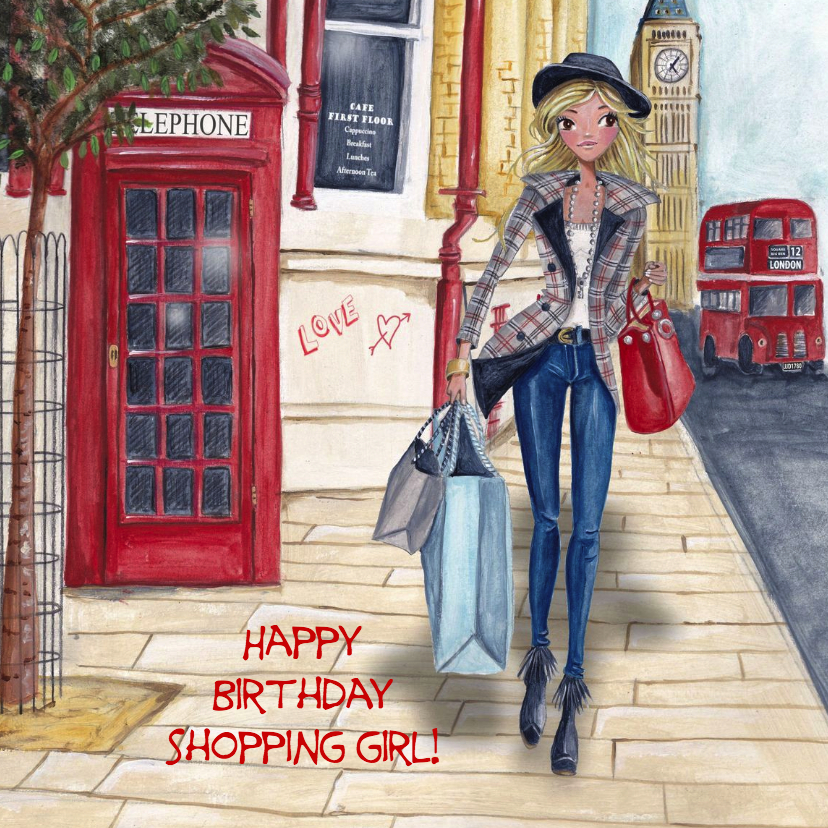 Verjaardagskaarten - Jarig London Shoppen Meisje Illustratie