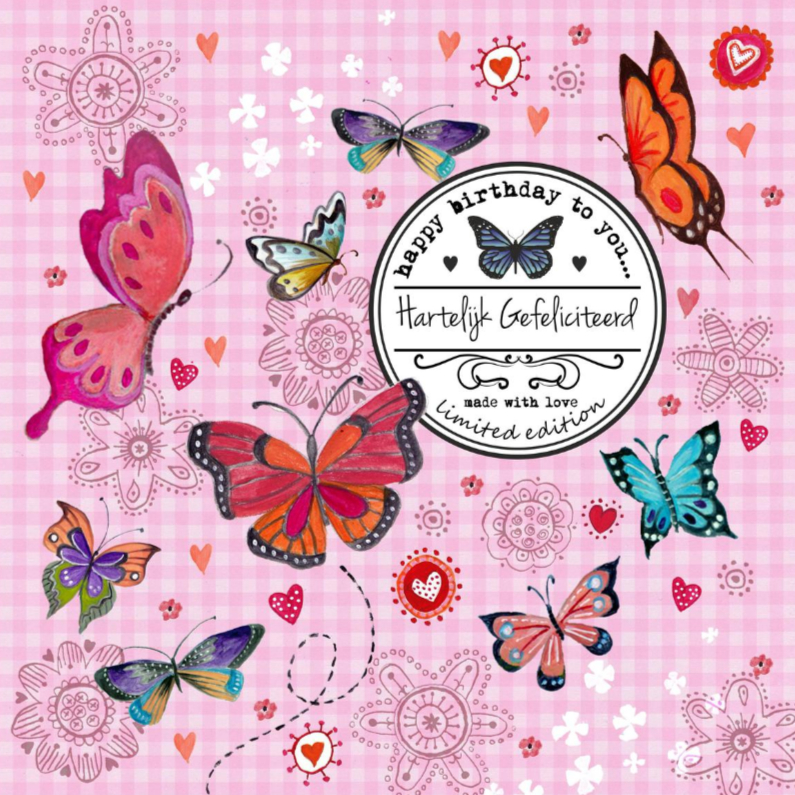 Verjaardagskaarten - Jarig Meisje Bloemen Vlinder Label Roze