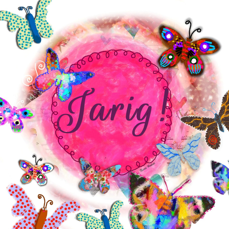 Jarig roze met vlinders - Verjaardagskaarten Verjaardagskaarten - Jarig roze met vlinders