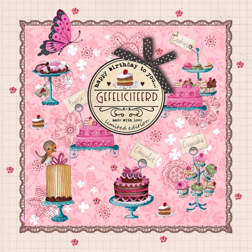 Verjaardagskaarten - Jarig Roze Ruitje Cupcake Vlinder Hart