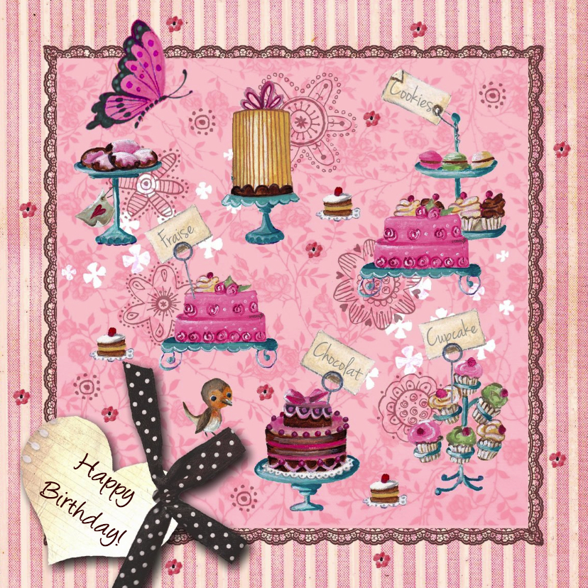 Verjaardagskaarten - Jarig Roze Strepen Cupcake Vlinder Hart