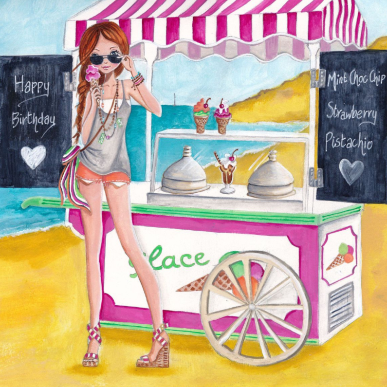 Jarig strand ijs zomerse illustratie - Verjaardagskaarten Verjaardagskaarten - Jarig strand ijs zomerse illustratie
