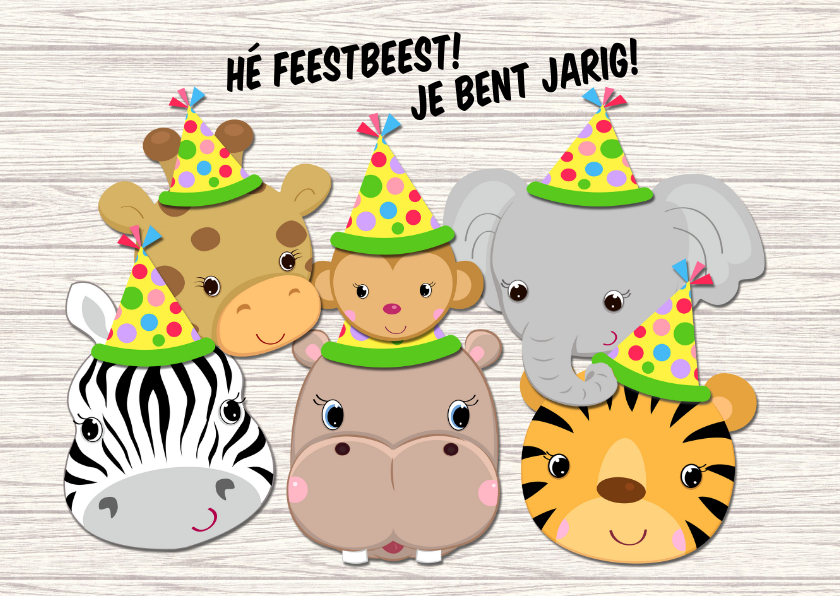 Jarige beestenboel met feestmuts - Verjaardagskaarten Verjaardagskaarten - Jarige beestenboel met feestmuts