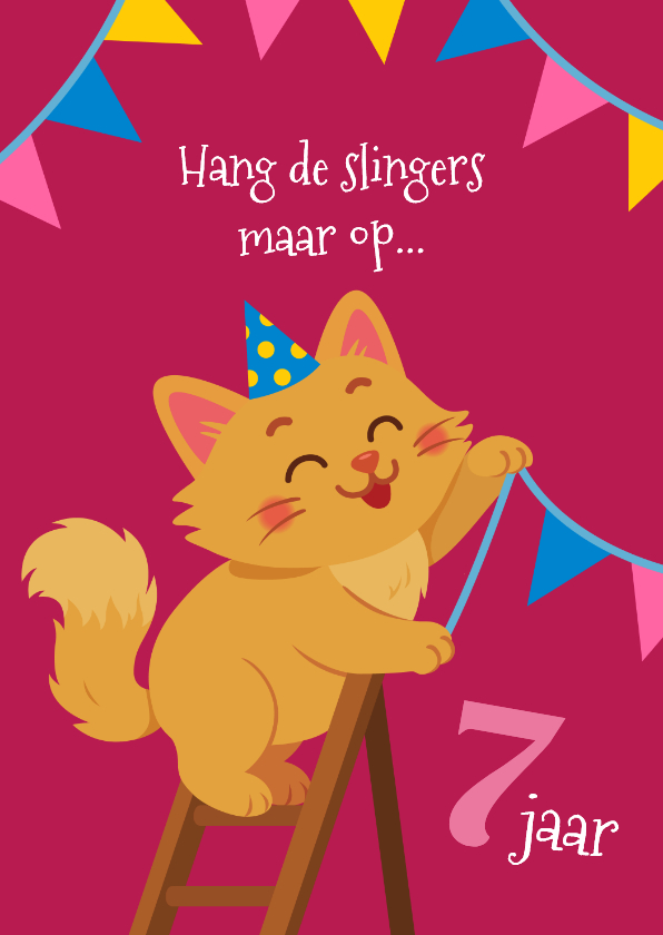Verjaardagskaarten - Kat hangt slingers verjaardagskaart