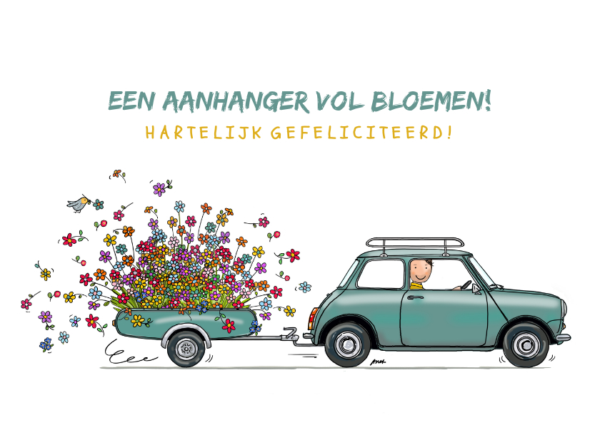 Verjaardagskaarten - Kleine auto met aanhangwagen en bloemen