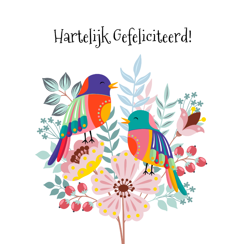 Verjaardagskaarten - Kleurige verjaardagskaart met bloemen en vogel