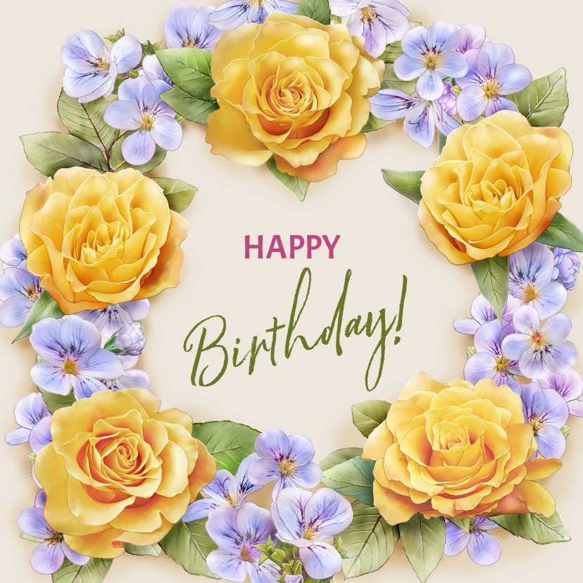 Verjaardagskaarten - Kleurige verjaardagskaart met krans van gele rozen