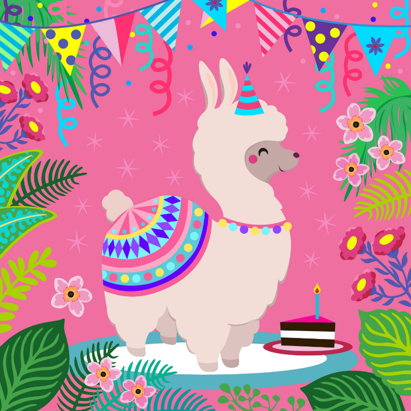 Verjaardagskaarten - Kleurrijke en vrolijke alpaca verjaardagskaart