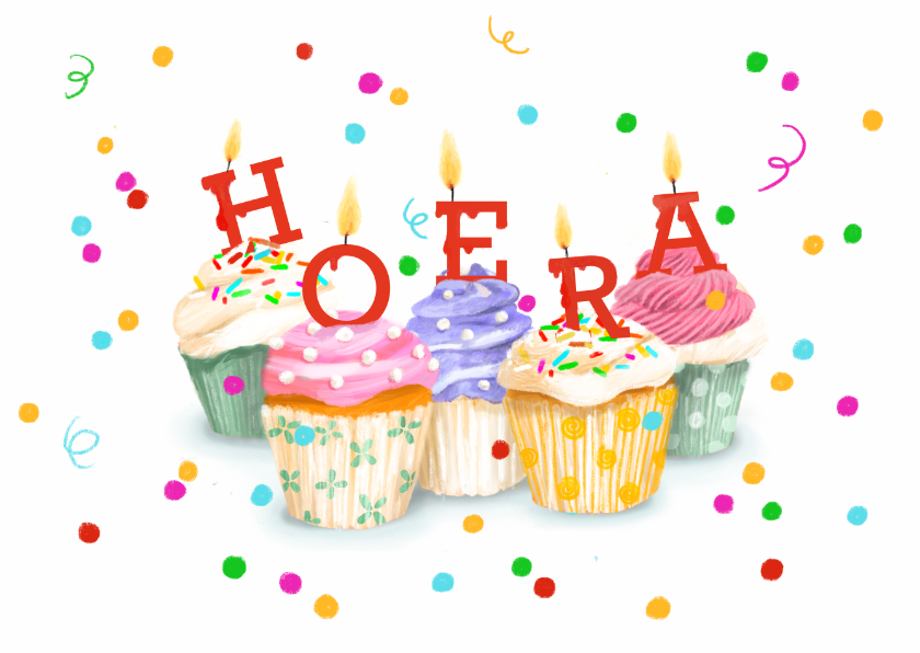 Verjaardagskaarten - Kleurrijke verjaardagskaart met cupcakes en kaarsjes