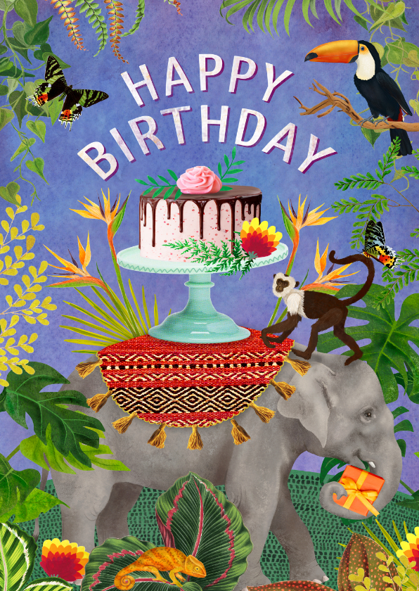 Verjaardagskaarten - Kleurrijke verjaardagskaart met olifant met taart