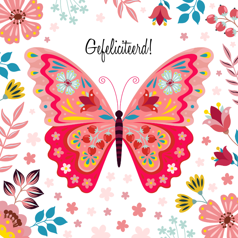 Verjaardagskaarten - Kleurrijke verjaardagskaart met vlinder en bloemen