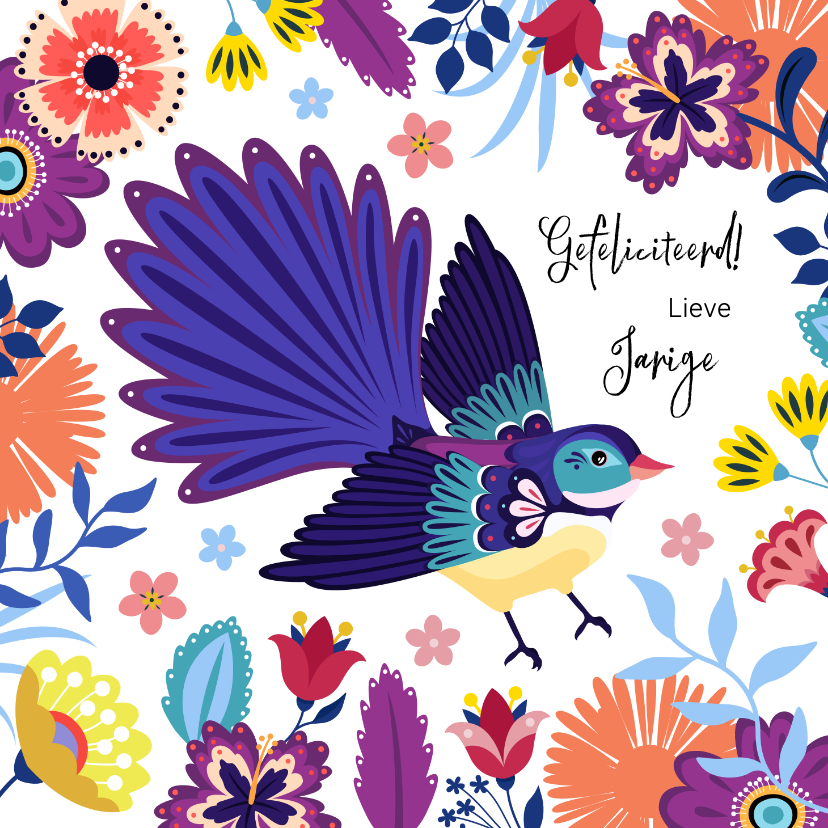 Verjaardagskaarten - Kleurrijke verjaardagskaart paradijsvogel bloemen