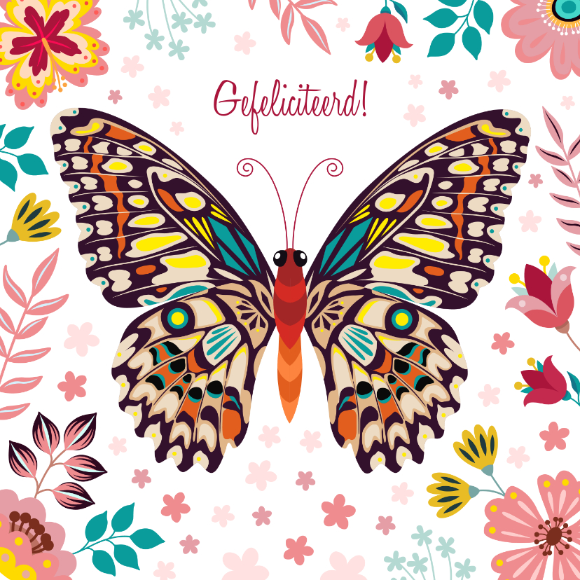 Verjaardagskaarten - Kleurrijke verjaardagskaart vlinder met bloemen en planten