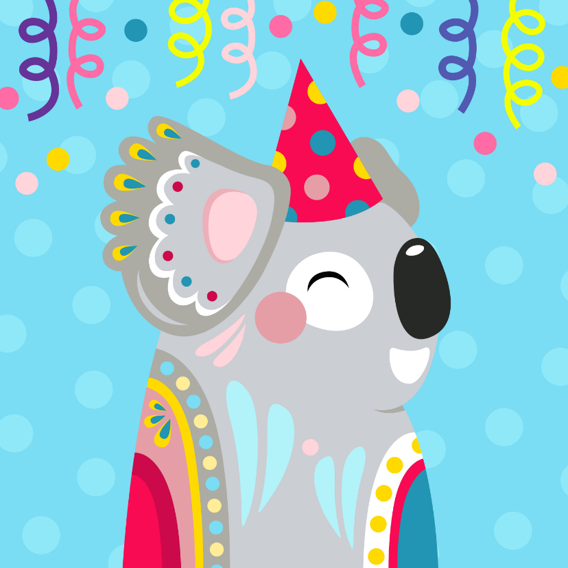 Verjaardagskaarten - Koala verjaardagskaart met confetti en slingers