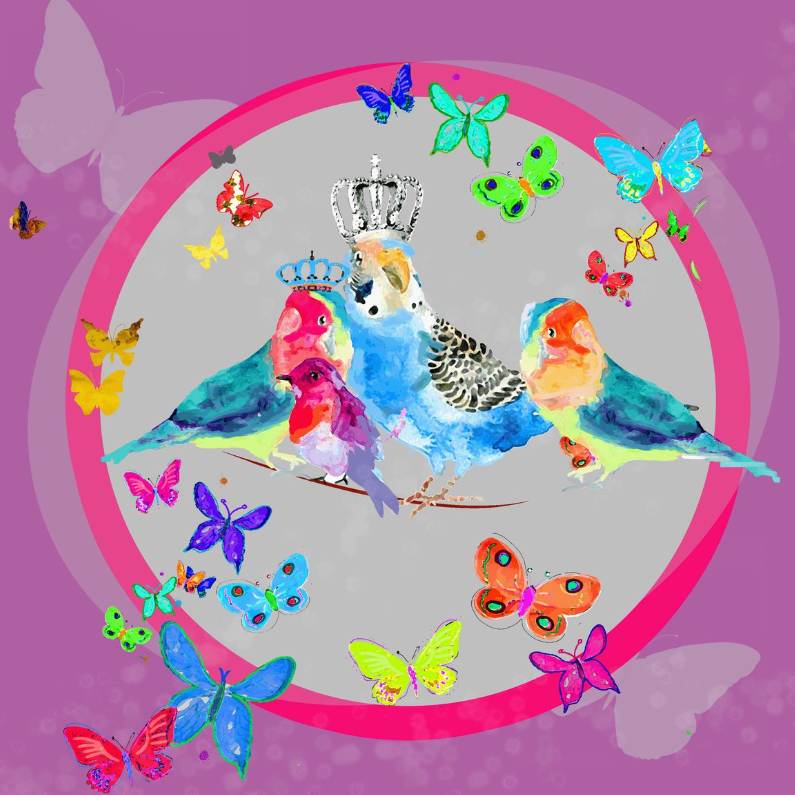Koninklijke vogels met vlinders - Verjaardagskaarten Verjaardagskaarten - Koninklijke vogels met vlinders