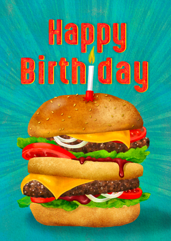 Verjaardagskaarten - Lekkere verjaardagkaart voor jongens, hamburger met kaarsje