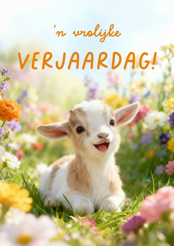 Verjaardagskaarten - Lente verjaardagskaartje klein geitje en vrolijke bloemen