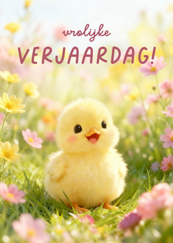 Verjaardagskaarten - Lente verjaardagskaartje met eendje en vrolijke bloemen