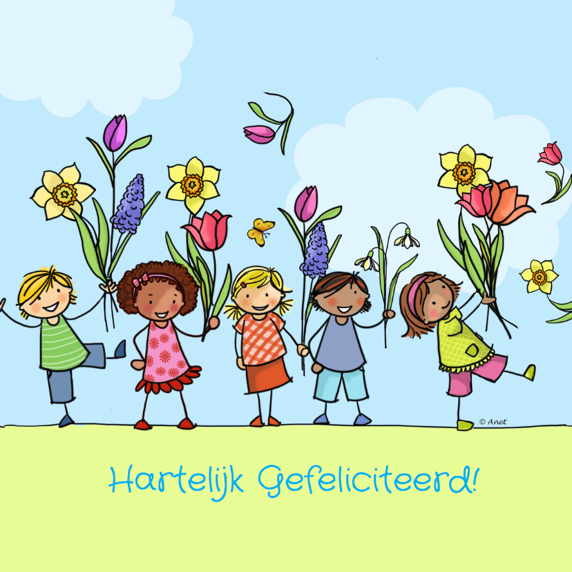 Lentekaart kinderen met bloemen - Verjaardagskaarten Verjaardagskaarten - Lentekaart kinderen met bloemen