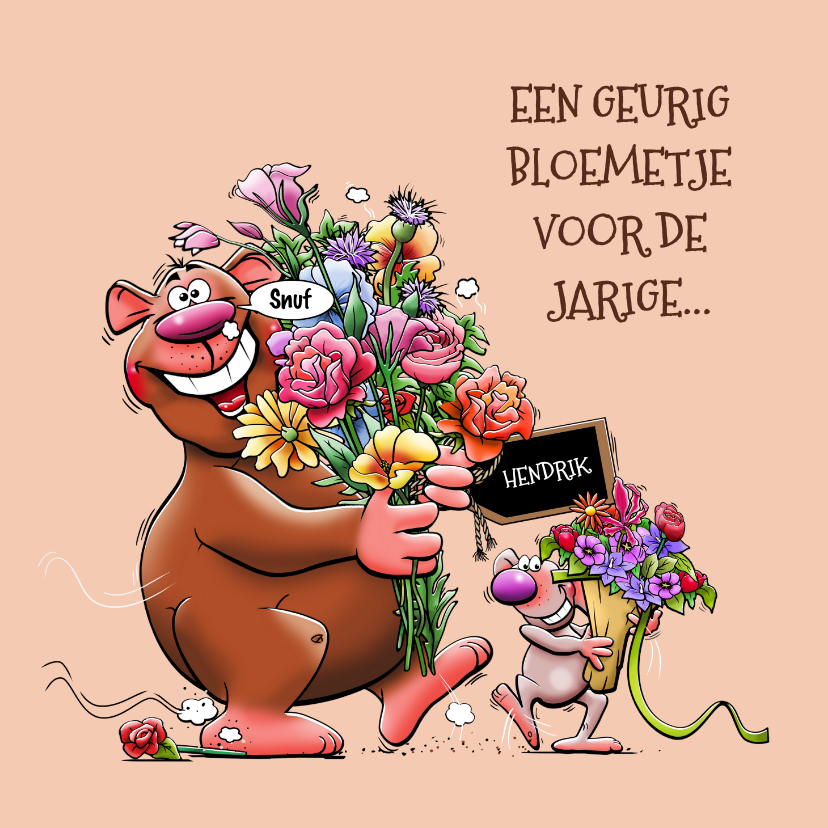 Verjaardagskaarten - Leuke en grappige verjaardagskaart met beer en muis bloemen