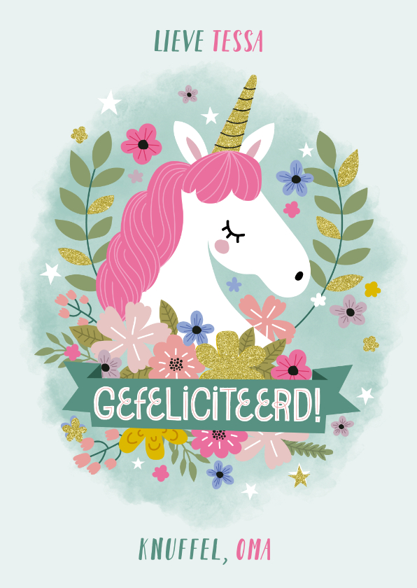 Leuke verjaardagskaart eenhoorn, bloemen en waterverf - Verjaardagskaarten Verjaardagskaarten - Leuke verjaardagskaart eenhoorn, bloemen en waterverf