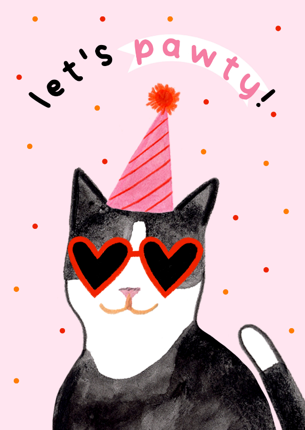 Verjaardagskaarten - Leuke verjaardagskaart Let's Pawty roze kat confetti