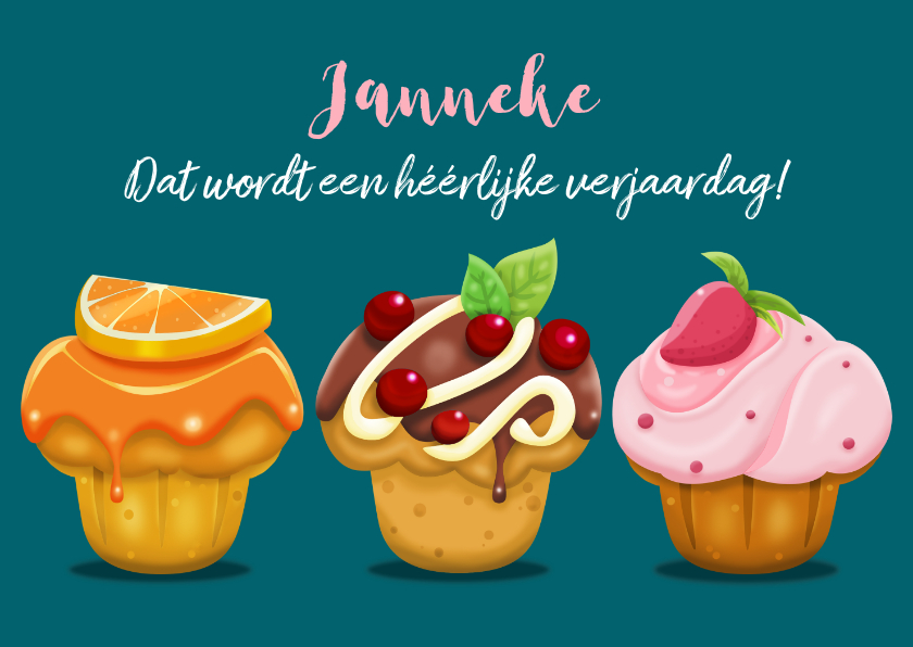 Verjaardagskaarten - Leuke verjaardagskaart met 3 heerlijke gebakjes