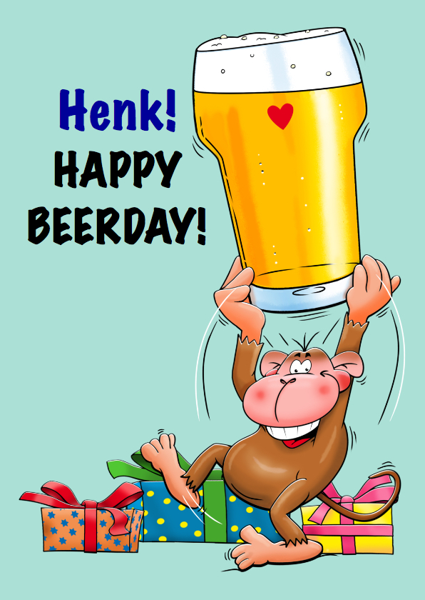 Verjaardagskaarten - Leuke verjaardagskaart met aap en een biertje voor de jarige