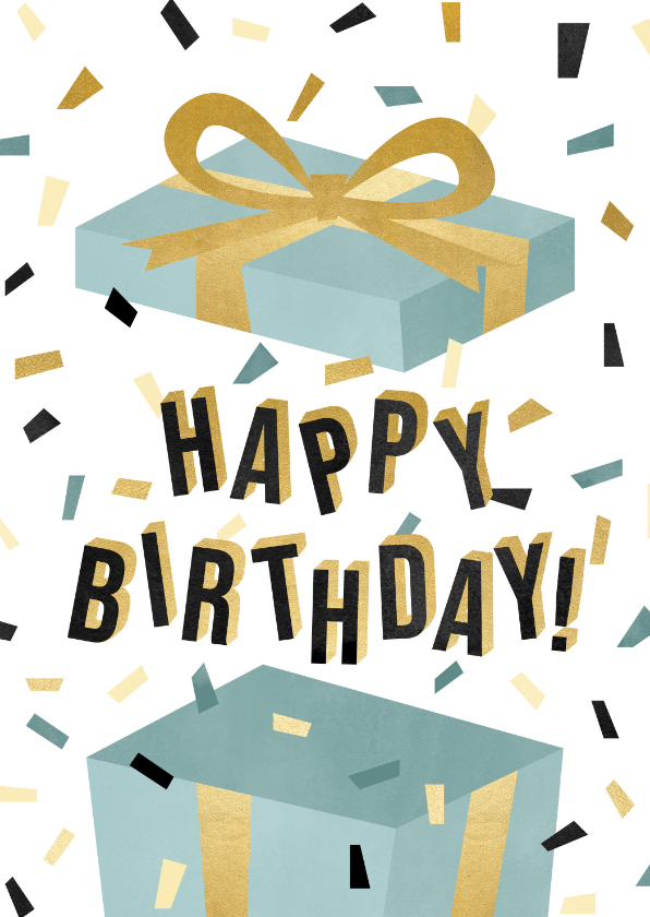 Verjaardagskaarten - Leuke verjaardagskaart met cadeau, confetti en typografie