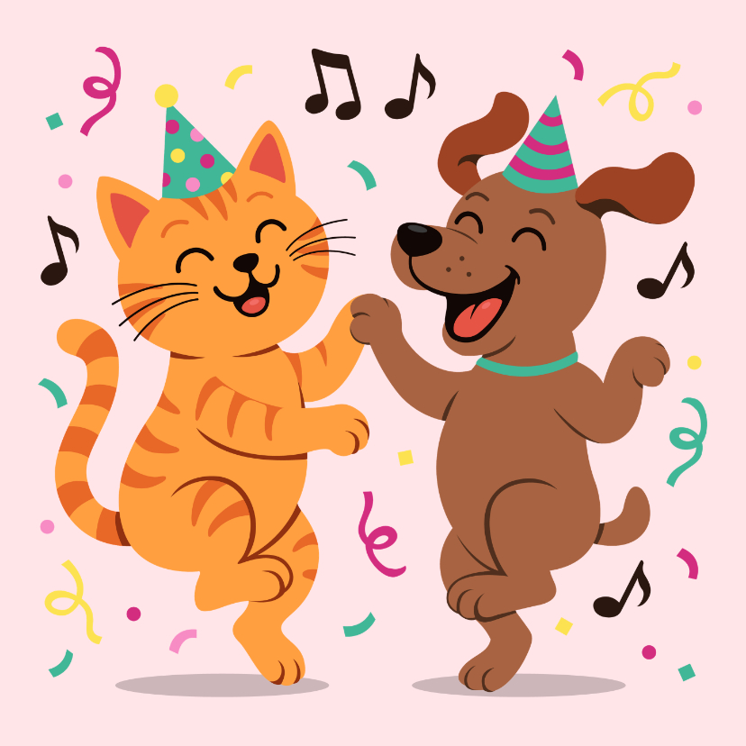 Verjaardagskaarten - Leuke verjaardagskaart met dansende poes en hond