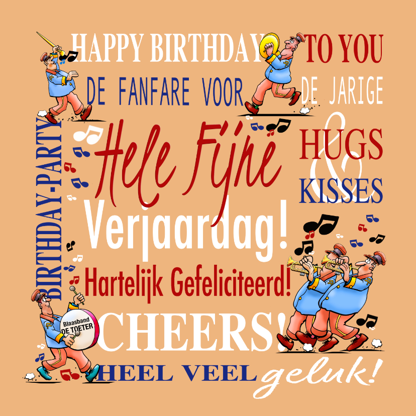 Verjaardagskaarten - Leuke verjaardagskaart met drumband tussen teksten