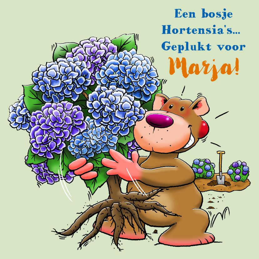 Verjaardagskaarten - Leuke verjaardagskaart met Hortensia-struik en beertje