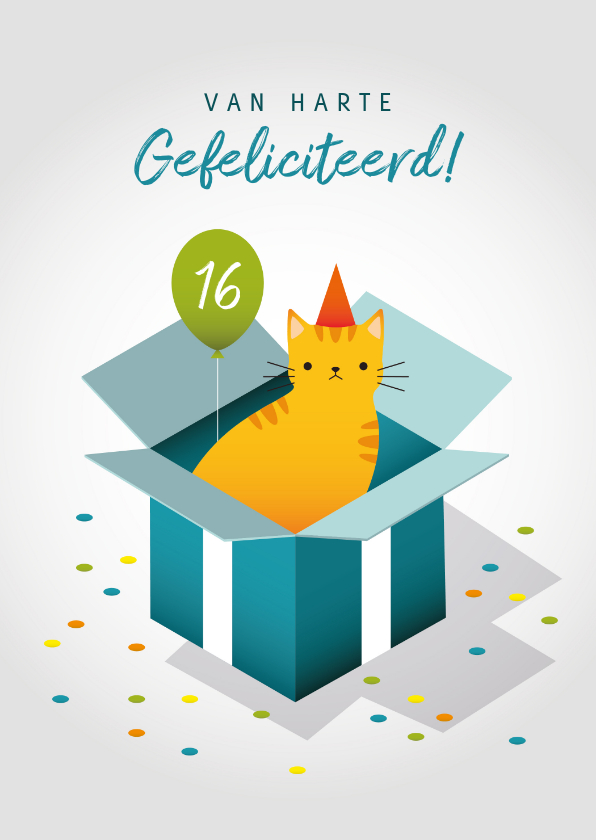Verjaardagskaarten - Leuke verjaardagskaart met kat in doos, ballon en confetti