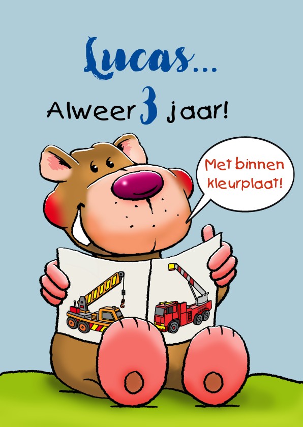 Verjaardagskaarten - Leuke verjaardagskaart met knuffel, brandweer en takelwagen