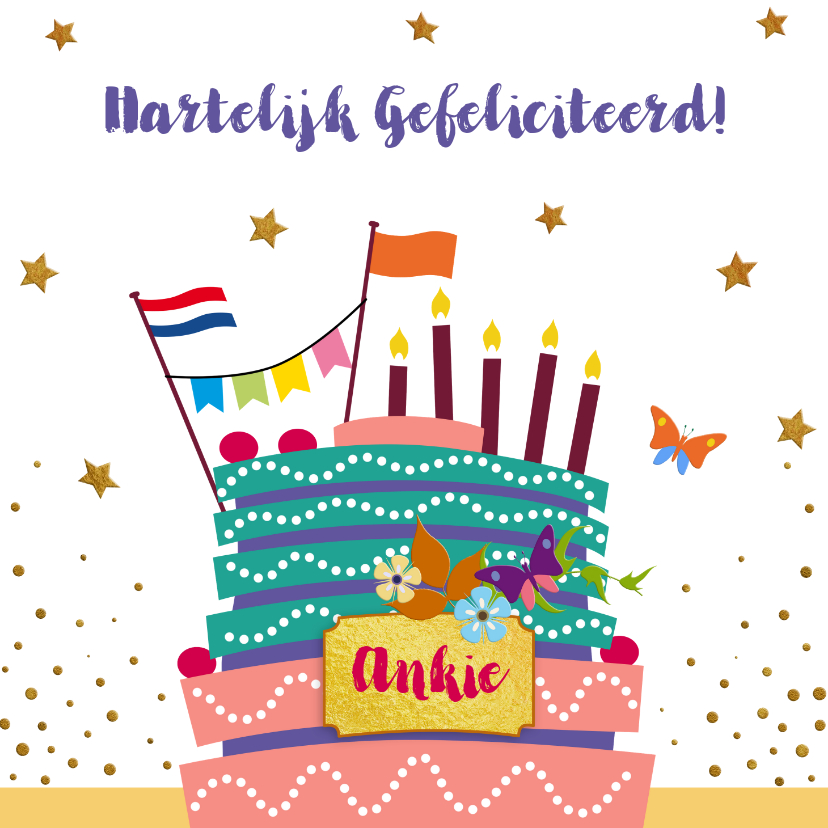 Leuke verjaardagskaart met taart, vlaggen en bloemen - Verjaardagskaarten Verjaardagskaarten - Leuke verjaardagskaart met taart, vlaggen en bloemen