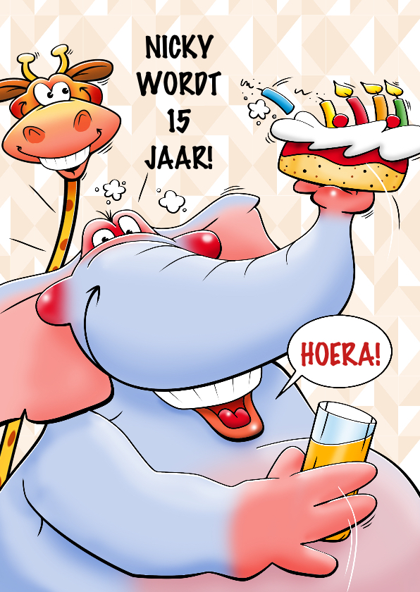 Verjaardagskaarten - Leuke verjaardagskaart olifant met taart en limonade tiener