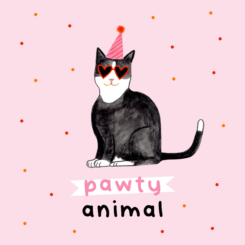 Verjaardagskaarten - Leuke verjaardagskaart rozepawty animal met kat confetti