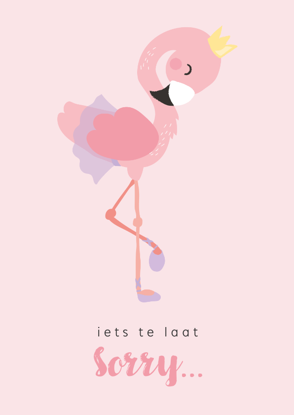 Verjaardagskaarten - Lief roze kaartje met flamingo ballerina. oeps te laat