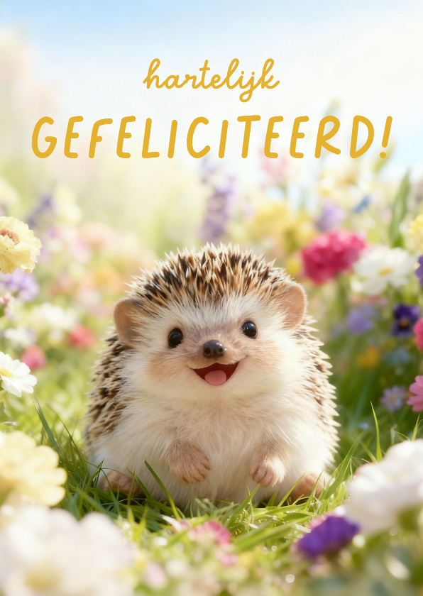 Verjaardagskaarten - Lief verjaardagskaartje met egel tussen de bloemen